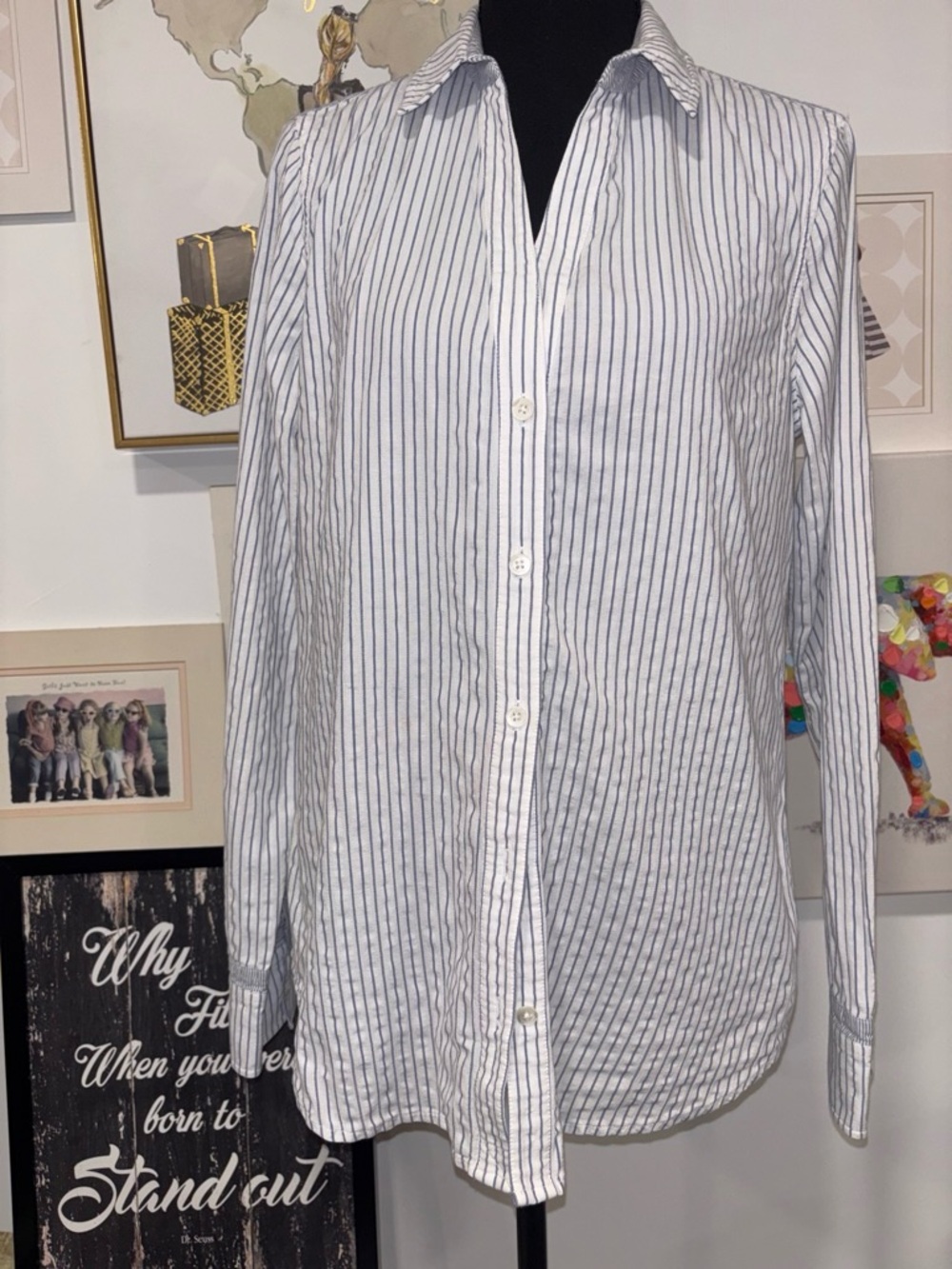 Vineyard Vines White Button-Down Shirt with Navy Pinstripes